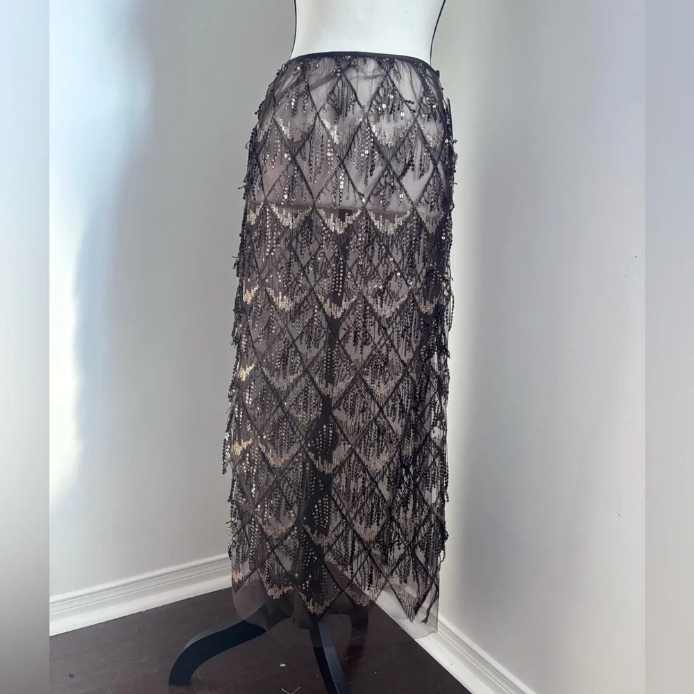NWT Simons Chocolate Brown Sequin Lace Sequin Sparkly tulle Midi Skirt Size S - Picture 9 of 15
